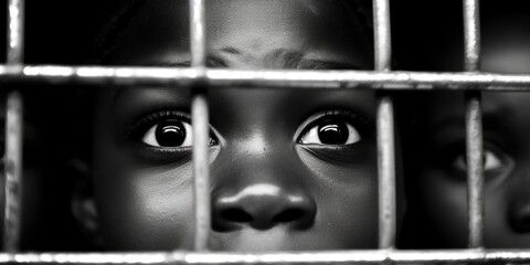 A close up of a child's eyes behind bars. AI.