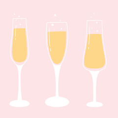 Set of glasses with champagne. Vector illustration. Collection of bubbling glasses of champagne. Flat style.