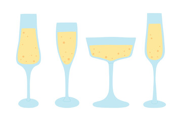 Set of glasses with champagne. Vector illustration. Collection of bubbling glasses of champagne. Flat style.