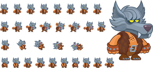 Werewolf character. Sprite prepared for animation. Animated cute  game character for creating adventure games. Сartoon creature. Various states. Idle, walking, attacking, dying