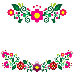Mexican folk art style vector floral greeting card design elements, retro vibrant patterns set inspired by traditional embroidery from Mexico - 632501589