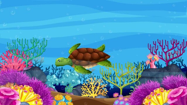 Turtle swimming under ocean water with vibrant coral reef.