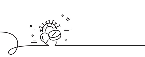 Coronavirus pills line icon. Continuous one line with curl. Covid-19 virus vaccine sign. Corona virus symbol. Coronavirus pills single outline ribbon. Loop curve pattern. Vector