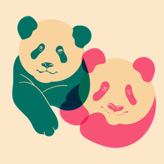 Pandas. Avatar, badge, poster, logo templates, print. Illustration with Riso print effect. Flat style