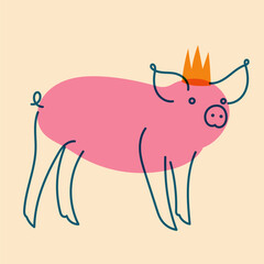 Pink pig in crown. Vector illustration in a minimalist style with Riso print effect. Graphic element for design, print, sticker, party decoration, logo, emblem, magazine prints or journal article
