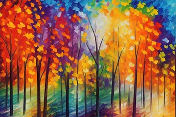 Gardinen Painting of a row of colorful trees. AI generated illustration © vector_master