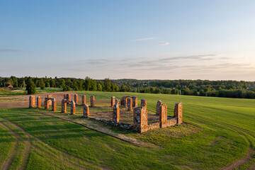 Ruins of an ancient building that looks like Stonehenge, drone view, Smiltene, Latvia - obrazy, fototapety, plakaty