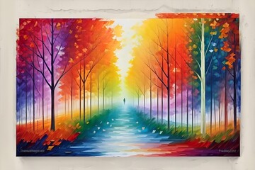 Painting of a row of colorful trees. AI generated illustration