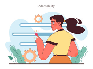 Soft skill. Employee adaptability and flexibility. Female character