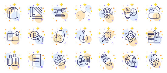 Outline set of Bitcoin pay, File and Electricity bulb line icons for web app. Include Internet chat, Time, Internet notification pictogram icons. Seo statistics, Sale, Scroll down signs. Vector