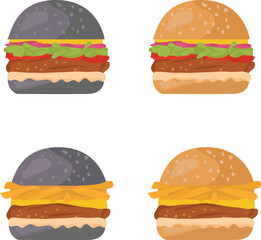 Burger Set, Classic, Hamburger, Black Hamburger and Vector illustration in flat cartoon style