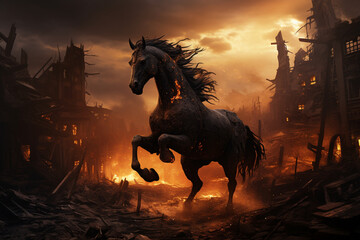 A demonic black horse running through destruction. Fires everywhere, nightmare scene. Generated by AI