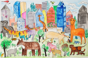 A silly and cute child drawing of a city open for everyone, including animals and aliens. A concept of a town where everyone lives together in harmony. Generated by AI