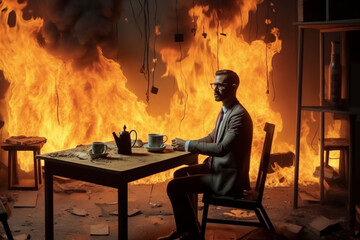 A person sitting calmly in a chair in a room caught on fire. A meme scene depicting someone not carrying about the destruction of surroundings. Generated by AI - 632502963