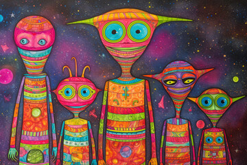 A silly picture of a family of alien monsters drawn by an alien child with colorful pencils. Generated by AI - 632502964