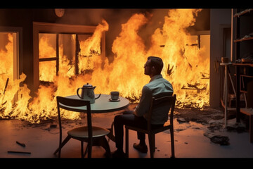 A person sitting calmly in a chair in a room caught on fire. A meme scene depicting someone not carrying about the destruction of surroundings. Generated by AI - 632502966