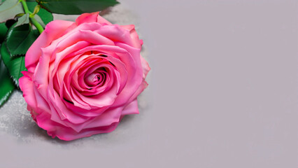 Fototapeta premium Rose of pink color on blurred background. Copy space for text. Mock up template