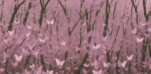 Fototapeta premium Butterflies flying in the Forrest background. Generative AI art.
