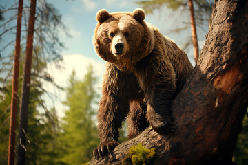 Obraz premium A bear on a tree in the middle of the forest