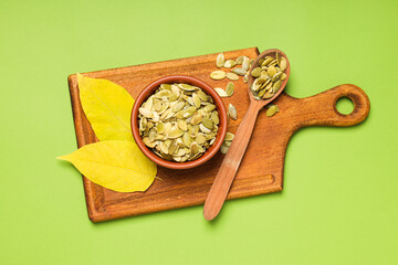 Cooking ingredients for fall season - pumpkin seeds, pumpkin
