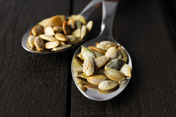 Cooking ingredients for fall season - pumpkin seeds, pumpkin