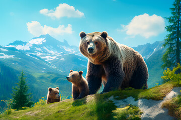 A bear with cubs in a mountain forest