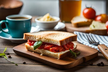 Toast with baked tomatoes and cheese on a neutral background generated by AI