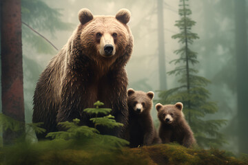 A brown bear with her cubs in a foggy morning forest