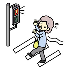 歩行速度の低下　横断歩道を渡るのが遅くなった高齢女性　イラスト