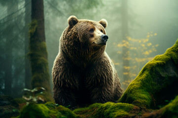 Obraz premium Brown bear in the misty morning forest
