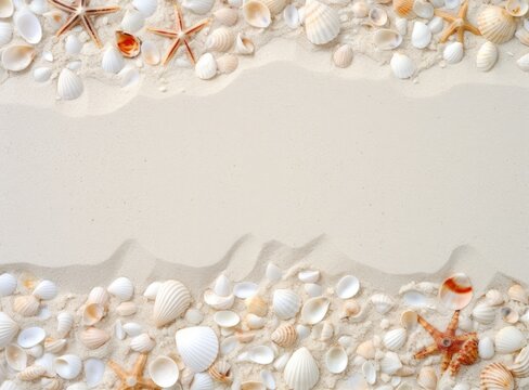 Seashells on sand. Sea summer vacation background with space for the text. Created with Generative AI technology. - Powered by Adobe