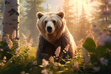Brown bear on a flower meadow. AI generated.