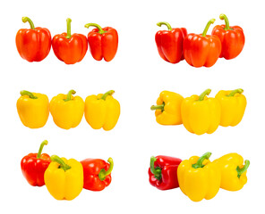 PAPRIKA.Fresh yellow and red bell pepper isolated on white background. Bulgarian salad pepper .Fresh vegetables. Harvest. Vegan. close up