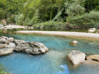 View of river with sulfur water in the Marche region, Italy - 632505536
