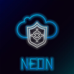 Glowing neon line Cloud and shield icon isolated on black background. Cloud storage data protection. Security, safety, protection, privacy concept. Colorful outline concept. Vector