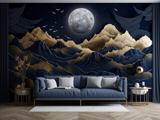 3d modern interior home wall decoration. golden and dark blue mountains, featuring a golden tree with moon dark landscape background generative ai