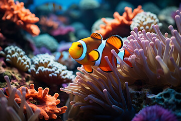 Clown Anemonefish, Amphiprion percula, swimming among the tentacles of its anemone home. - obrazy, fototapety, plakaty
