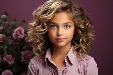 Fototapeta premium Generative ai studio portrait of cute curly little teen blonde girl on colour background. teenager
