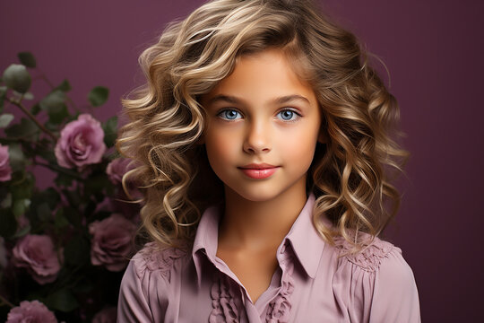 Generative ai studio portrait of cute curly little teen blonde girl on colour background. teenager