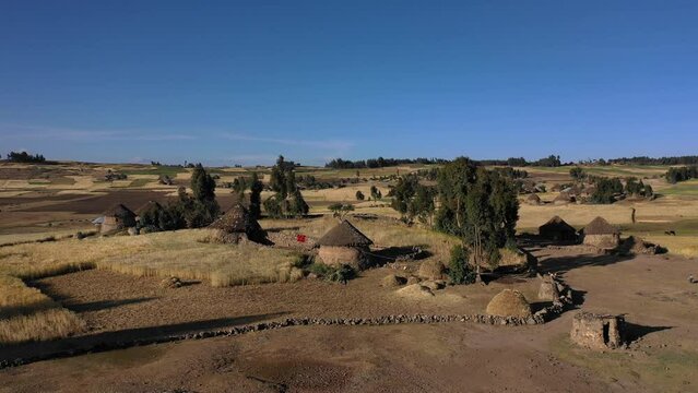 Aerial view of a Village with tukuls in the highlands AmharaWeldiya Ethiopia
