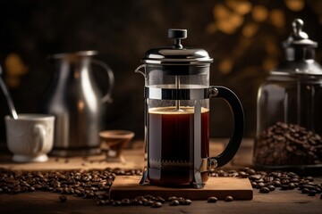 A French press with black tea or espresso coffee on a wooden table, Generative Ai