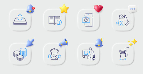 Best chef, Tips and Plan line icons. Buttons with 3d bell, chat speech, cursor. Pack of Phone photo, Cocktail, Waterproof mattress icon. Puzzle, Facts pictogram. For web app, printing. Vector