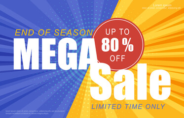 Sale banner template design with comic background. Mega sale special up to 80percent off. End of season special offer banner. Vector illustration.