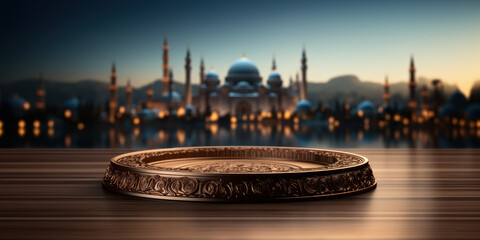 Islamic gold podium round stage on mosque background for Eid Mubarak, Ramadan Kareem. Generative AI