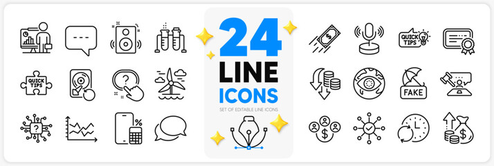 Icons set of Teacher, Question button and Inflation line icons pack for app with Certificate, Survey check, Messenger thin outline icon. Buying currency, Diagram chart, Fake news pictogram. Vector