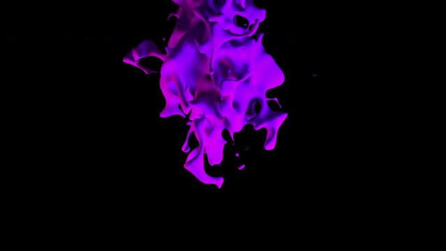 3d render of abstract art video animation with 3d ball in explosion process based on small ball spheres or bubbles particles in purple and blue gradient color on isolated black background