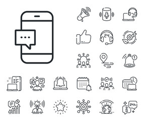 Cellphone or Phone messenger sign. Place location, technology and smart speaker outline icons. Smartphone Message icon. Communication Mobile device with Chat symbol. Vector