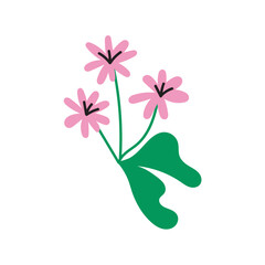 Flowers with leaves, bouquet clipart, simple hand drawn illustration, modern colorful vector illustration of abstract florals, isolated on white background