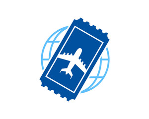 Flight airplane inside the ticket and globe in the behind