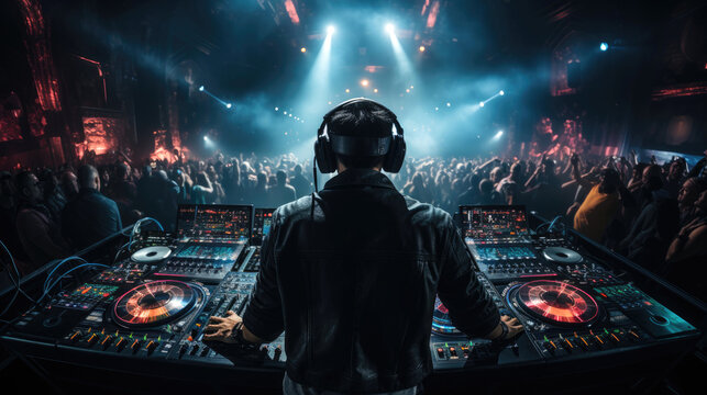 The DJ at the center of the club commands the decks, skillfully mixing tracks that keep the crowd moving and grooving all night long. Generative AI